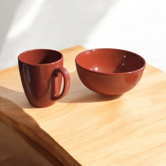 🎁Free ADD-ON/ One person ceramic glazed pottery bowl and mug set in red - Picture 2 of 13